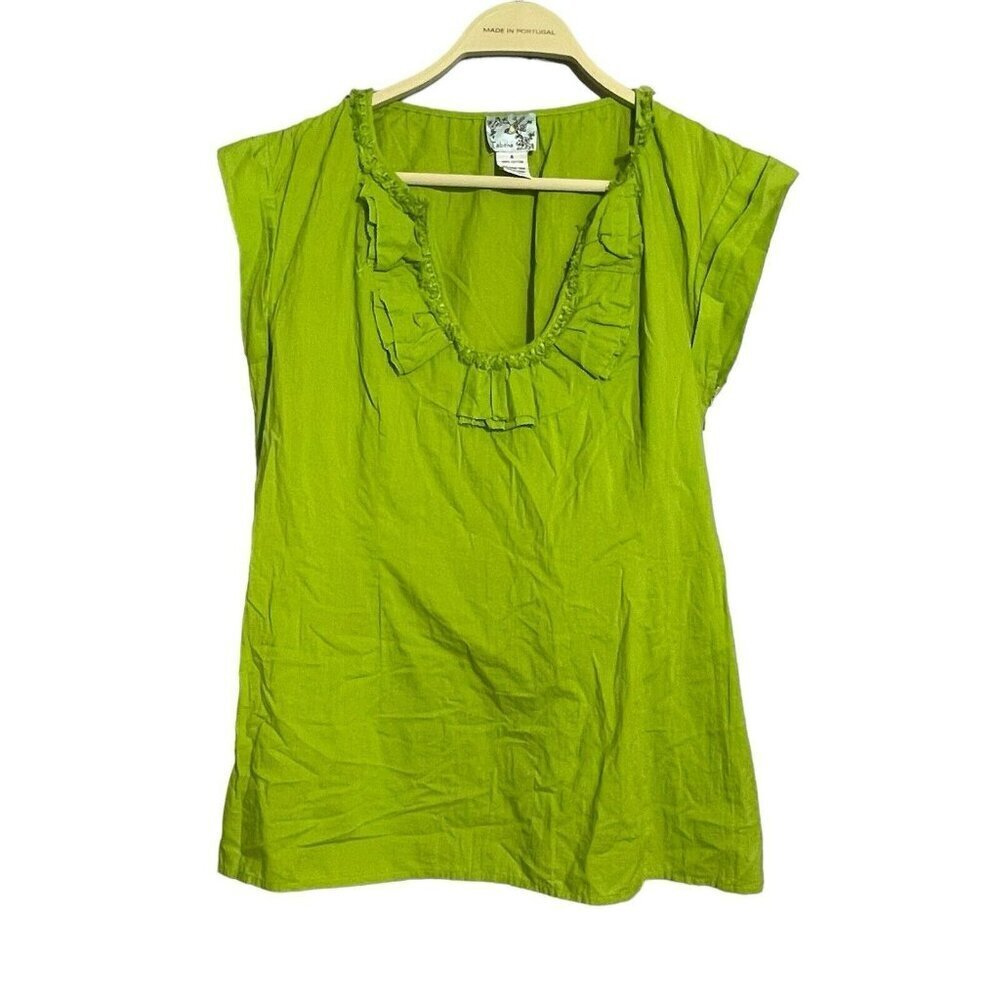Tabitha Blouse Women Size 4 Green Lime Boho Hippie Embroidery Trim Ruffle Fringe